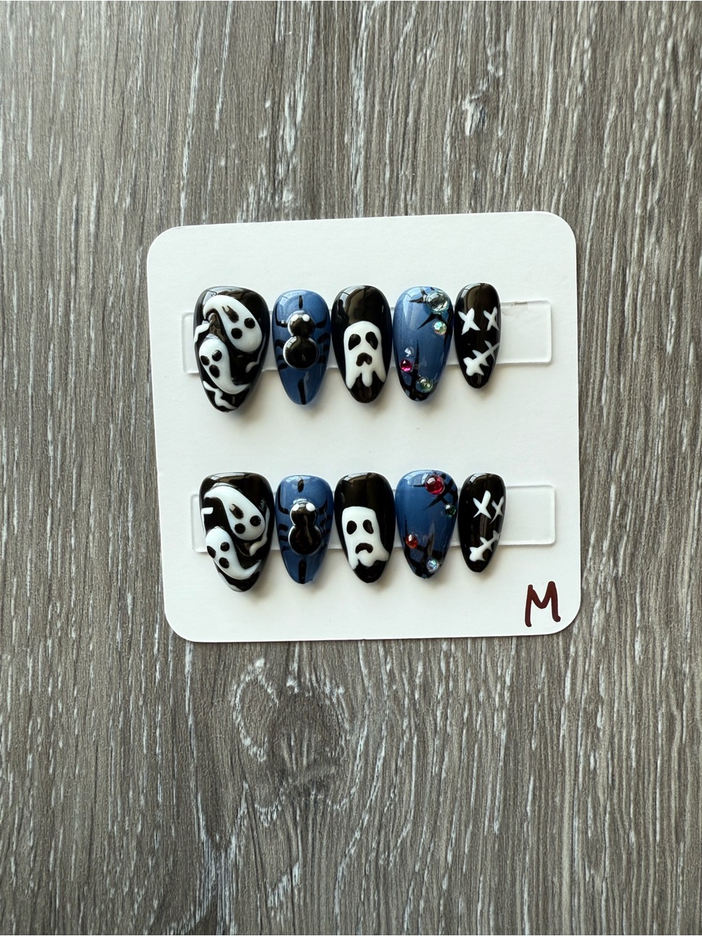 Spooky Blue & Black Halloween Press-On Nails with Ghost Accents 3D spider